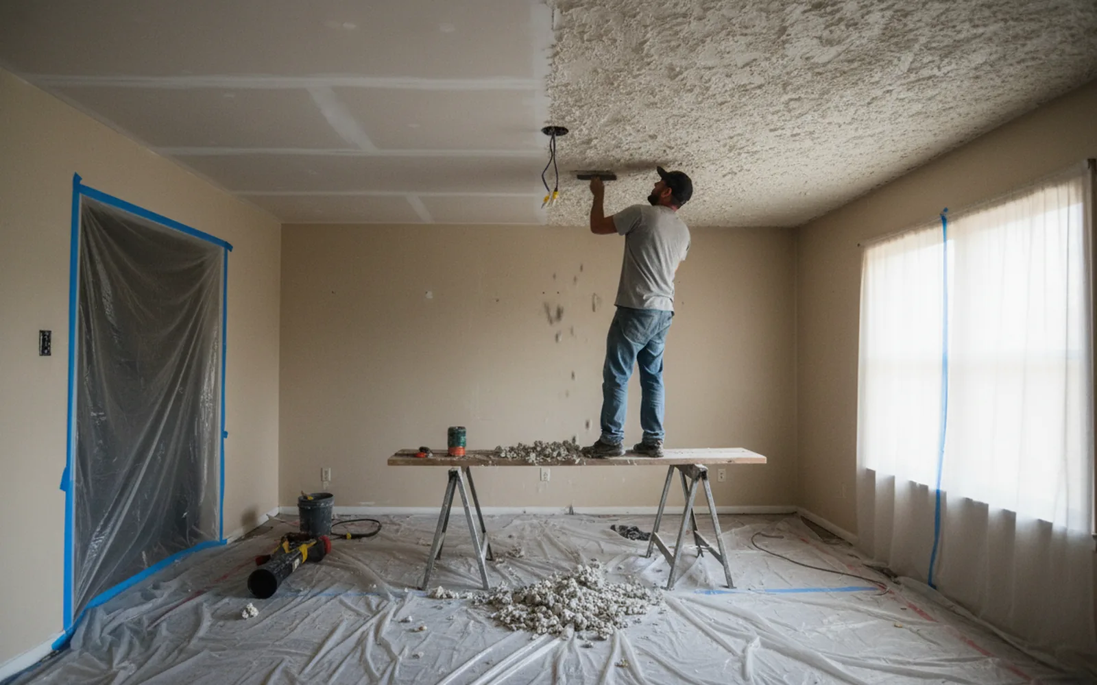 Crew scraping a popcorn ceiling in an Austin, TX house